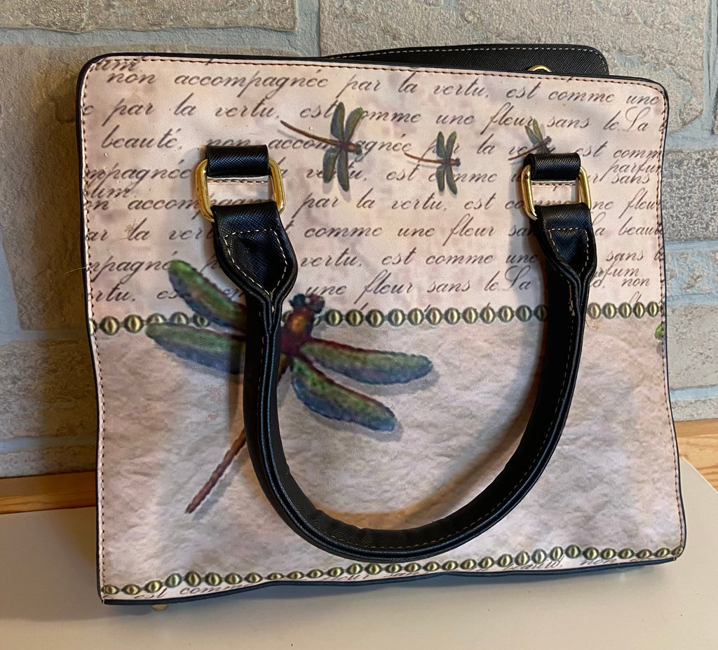 Structured Handbag Vintage Script & Dragonfly Motifs