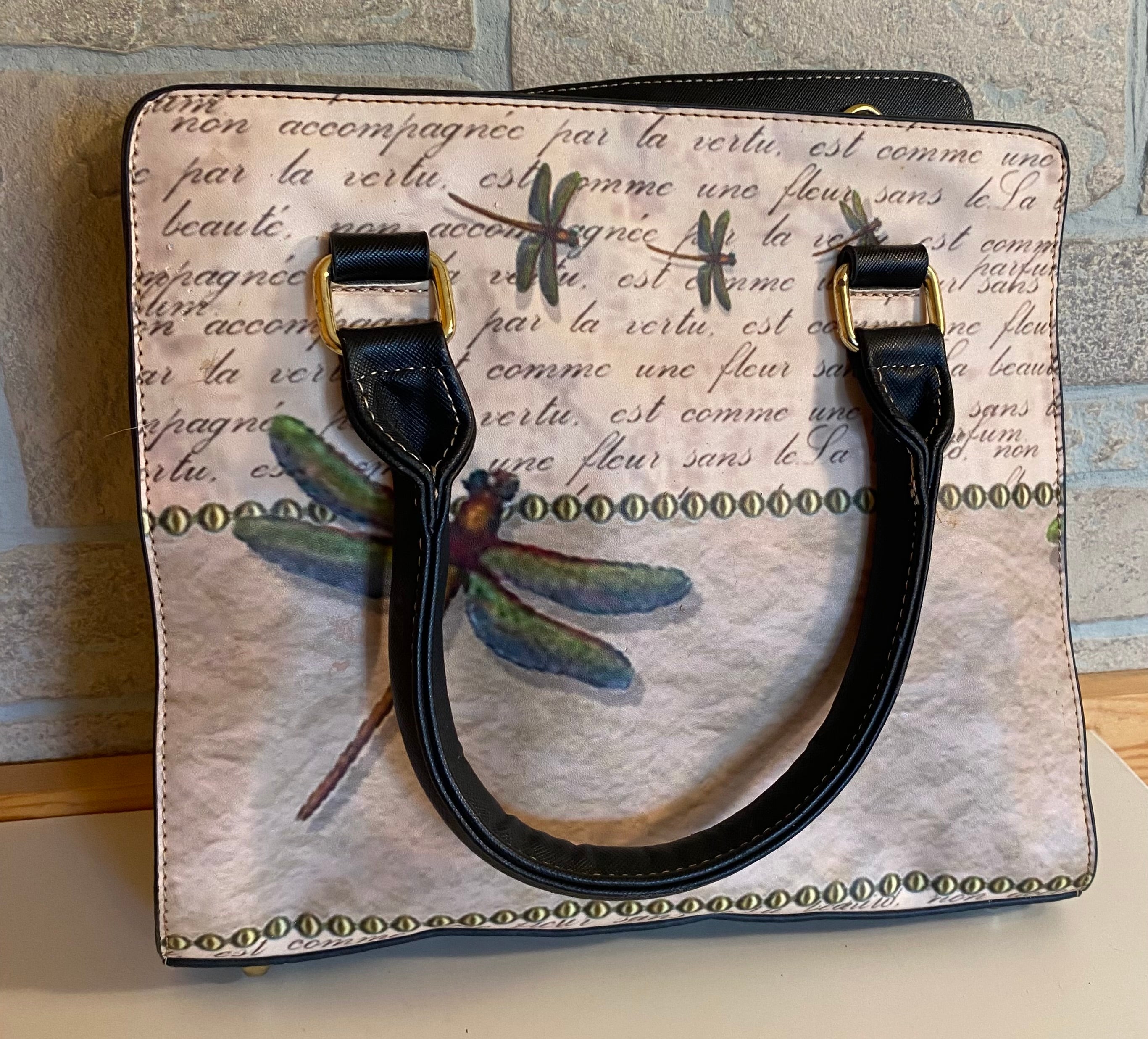 Structured Handbag Vintage Script & Dragonfly Motifs