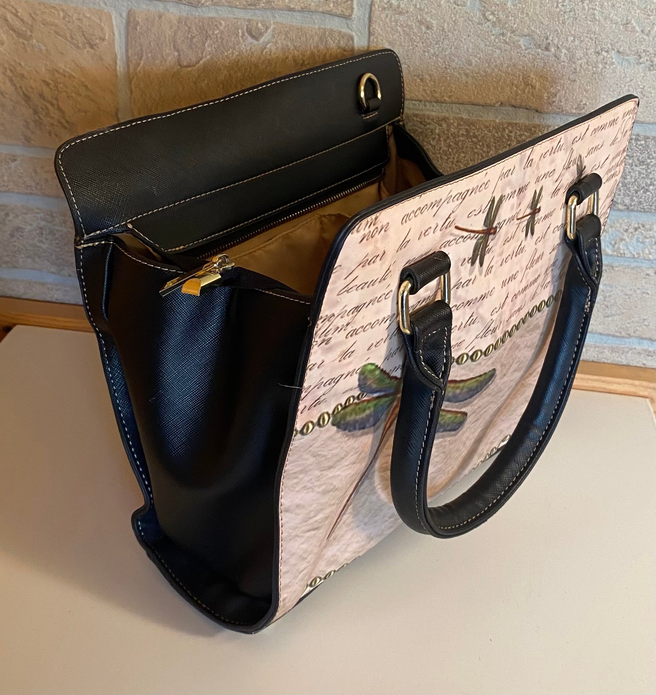 Structured Handbag Vintage Script & Dragonfly Motifs
